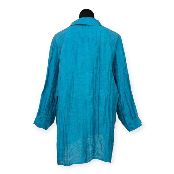 Peter Nygard | 1X | Turquoise Blue Linen Blend Crinkle Button-Down Tunic Shirt - Picture 7 of 8